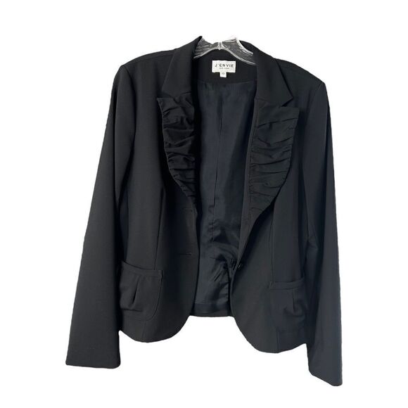 New J’ENVIE Cropped Black Blazer Ruffle Collar Button Silk Suit Jacket Womens 10 - Picture 2 of 5